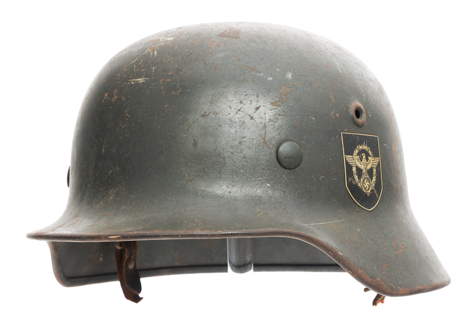 WWII GERMAN POLICE M40 DD HELMET: WWII GERMAN POLICE M40 DD HELMET WWII German Police M35 Double Decal Helmet. NSDAP and Police eagle decals below vent holes. Maker marked SE64 and serial number 3084. Eight tongue leather liner stampe