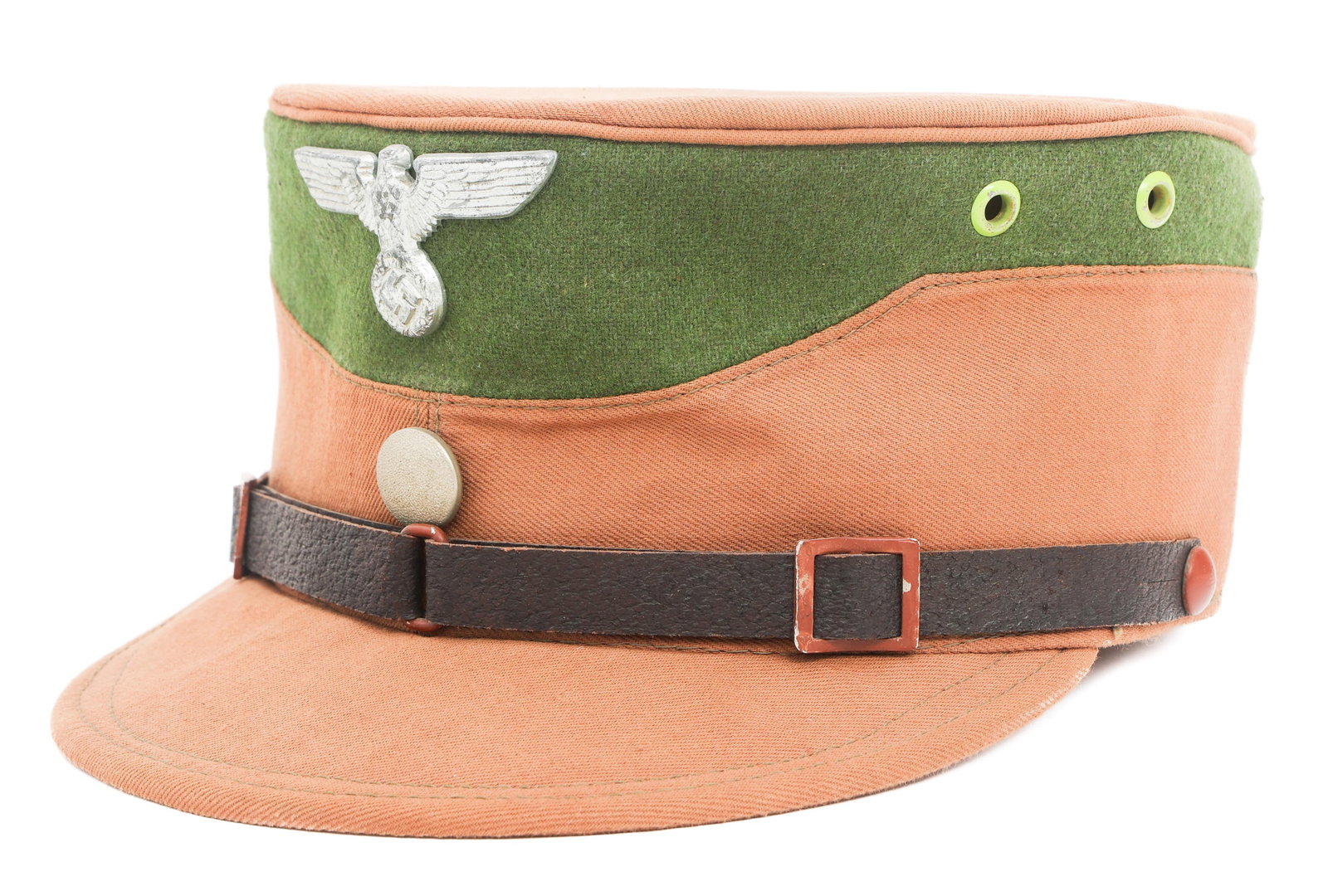WWII GERMAN SA THURINGEN/POMMERN ENLISTED KEPI: WWII GERMAN SA THURINGEN/POMMERN ENLISTED KEPI WWII German SA Thuringen or Pommern District Enlisted "Coffee Can" Kepi. Tan cotton and green wool. Side vent holes. Aluminum SA Eagle cap badge and pebb