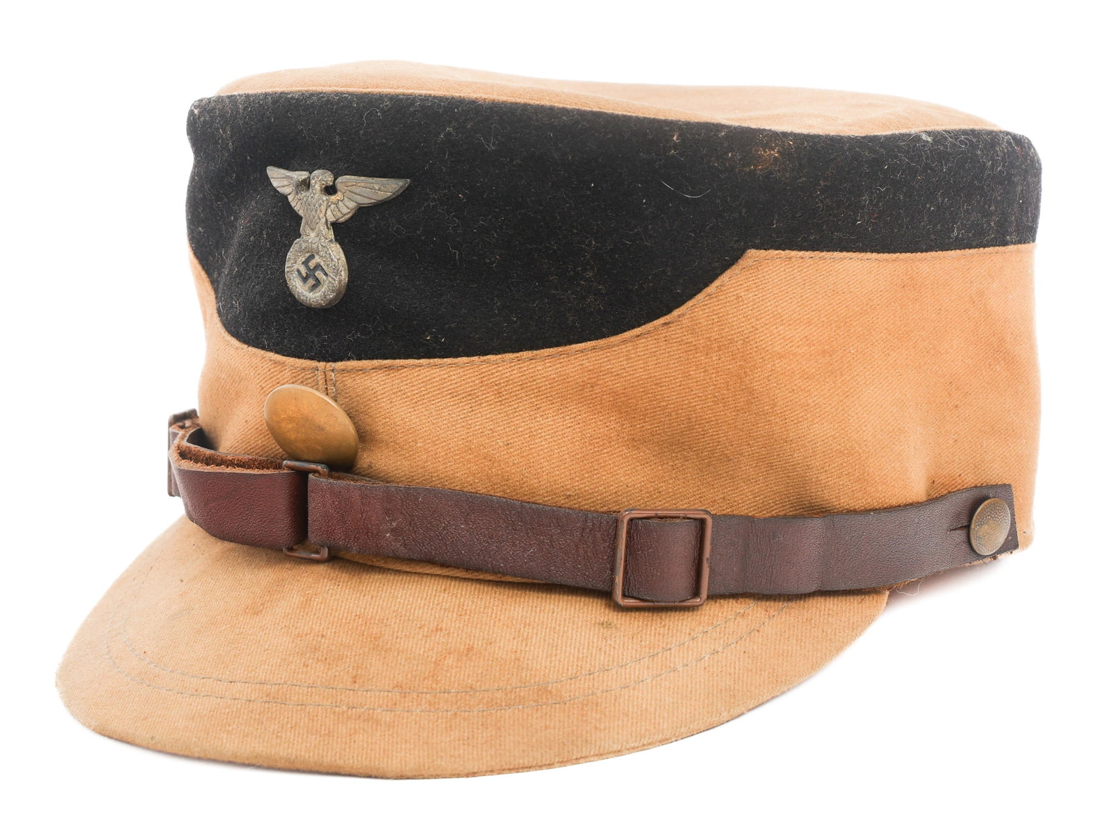 WWII GERMAN SA BERLIN-BRANDENBURG ENLISTED KEPI: WWII GERMAN SA BERLIN-BRANDENBURG ENLISTED KEPI WWII German SA Berlin-Brandenburg or Niederrhein District Enlisted "Coffee Can" Kepi. Tan and black wool. Early SA Eagle cap badge and brass button. Lea