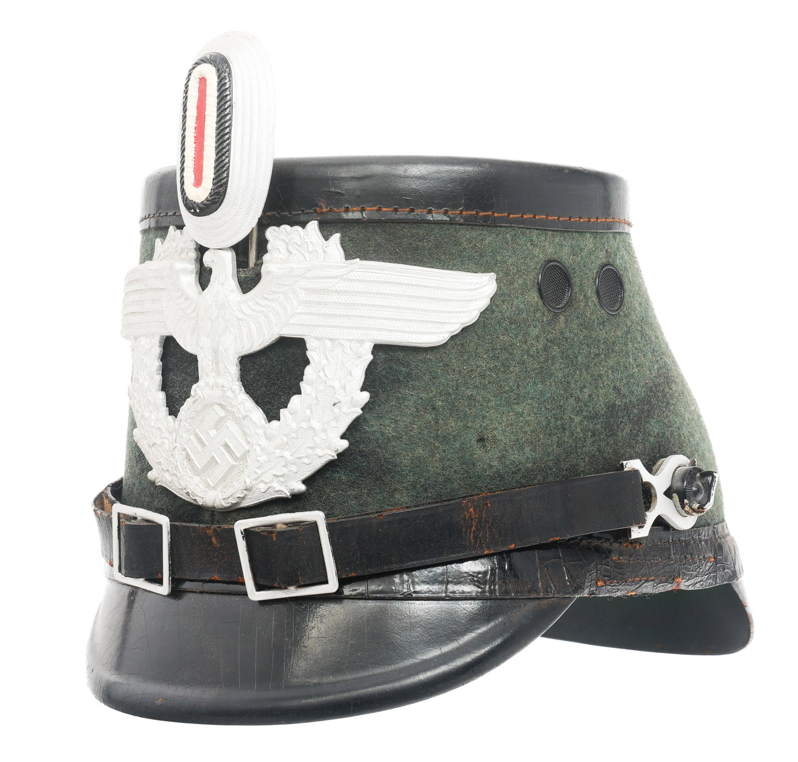 WWII GERMAN MUNICIPAL POLICE EM / NCO SHAKO: WWII GERMAN MUNICIPAL POLICE EM / NCO SHAKO WWII German Municipal Police EM/NCO Shako. Green felt covered hard body with leather top, and composite visor and neck guard. Double buckle leather chinstra