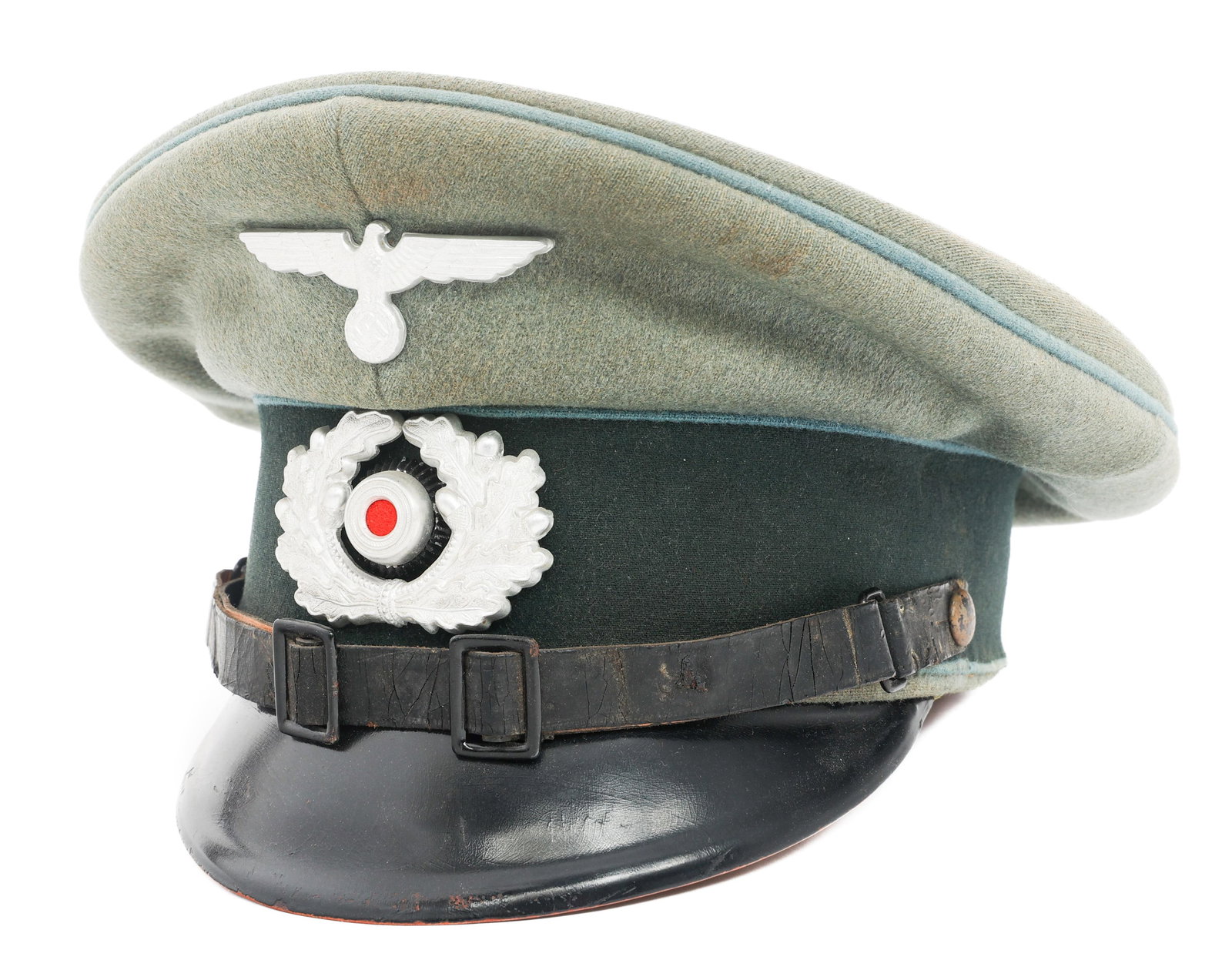WWII GERMAN SUPPLY / TRANSPORT TROOP NCO VISOR CAP: WWII GERMAN SUPPLY / TRANSPORT TROOP NCO VISOR CAP WWII German Heer Supply / Transport Troops NCO Visor Cap. Feldgrau wool with light blue felt waffenfarbe. Heer Eagle and wreathed aluminum cockade ca