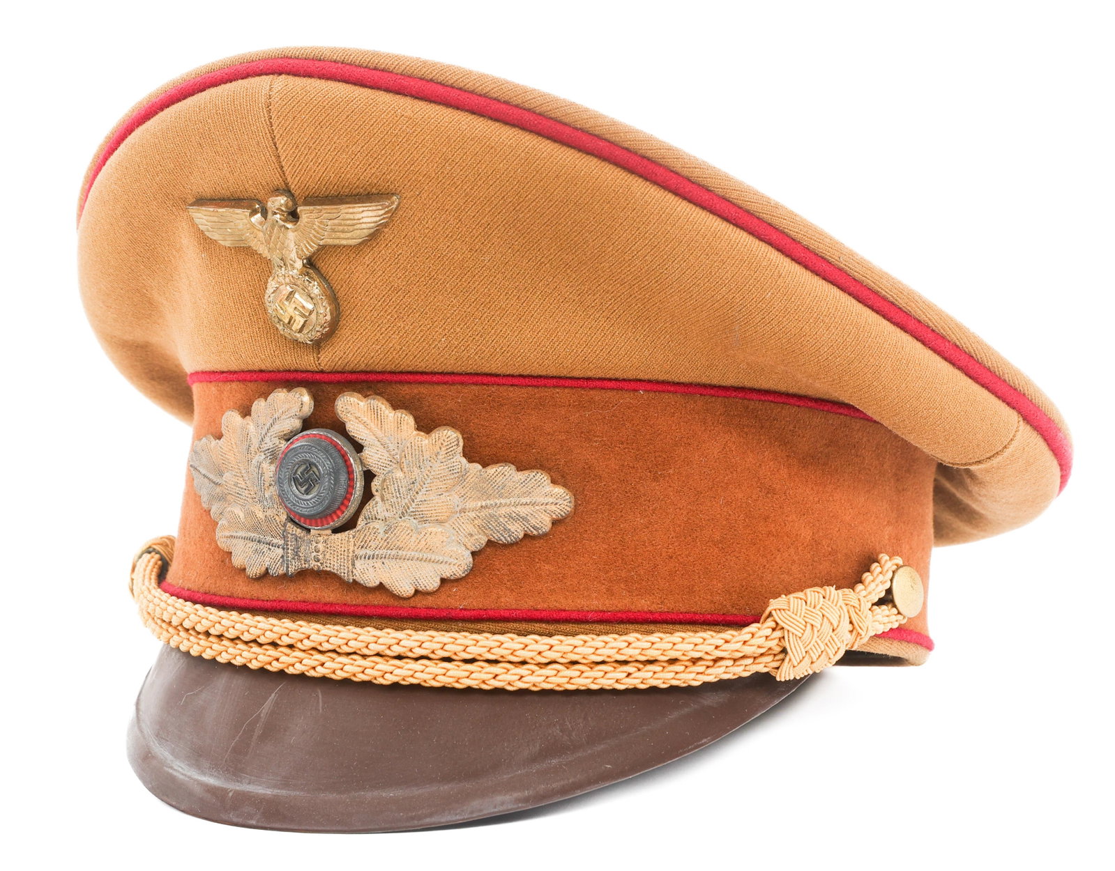 WWII GERMAN NSDAP GAU LEVEL LEADER VISOR CAP: WWII GERMAN NSDAP GAU LEVEL LEADER VISOR CAP WWII German NSDAP Auslandorganisation (Foreign Organization) Gau Level Leader Visor Cap. Tan wool gabardine with ruby red waffenfarbe. NSDAP Eagle and wrea