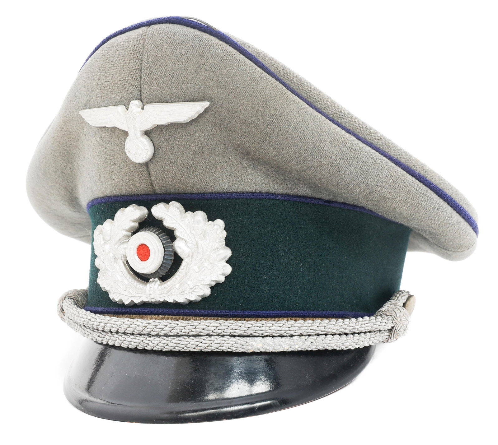 WWII GERMAN MEDICAL SERVICE OFFICER VISOR CAP: WWII GERMAN MEDICAL SERVICE OFFICER VISOR CAP WWII German Medical Service NCO Visor Cap. Feldgrau wool with dark blue felt waffenfarbe. Heer Eagle and wreathed aluminum cockade cap badges. Silver bull