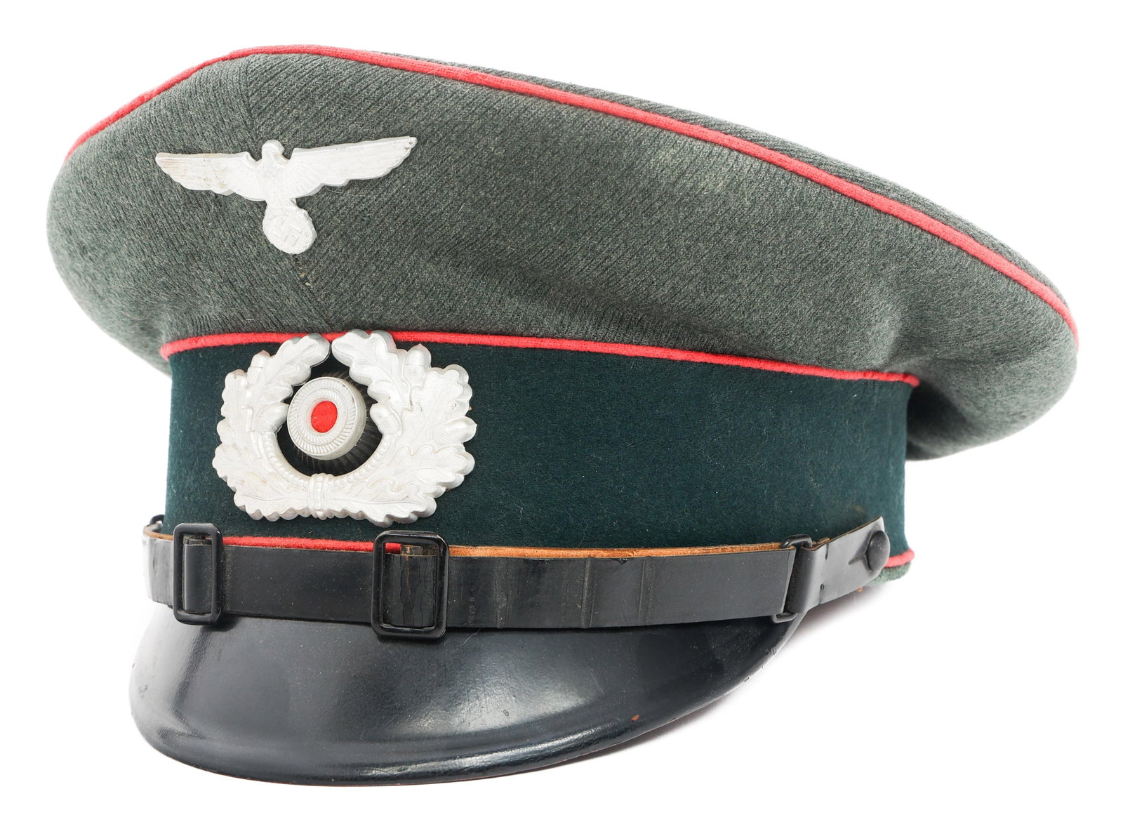 WWII GERMAN HEER PANZER NCO VISOR CAP: WWII GERMAN HEER PANZER NCO VISOR CAP WWII German Heer Panzer NCO Visor Cap. Feldgrau wool gabardine with dark pink felt waffenfarbe. Heer Eagle and wreathed aluminum cockade cap badges. Double buckle