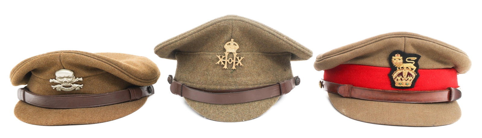 WWII UK ARMY 17th LANCER & 20th HUSSARS VISOR CAPS: WWII UK ARMY 17th LANCER & 20th HUSSARS VISOR CAPS WWII UK Army Visor Caps. (1) 17th Lancers. Gabardine with 17th Lancers front badge. Leather chinstrap and sweatband. (1) 20th Hussars. Wool with 20th