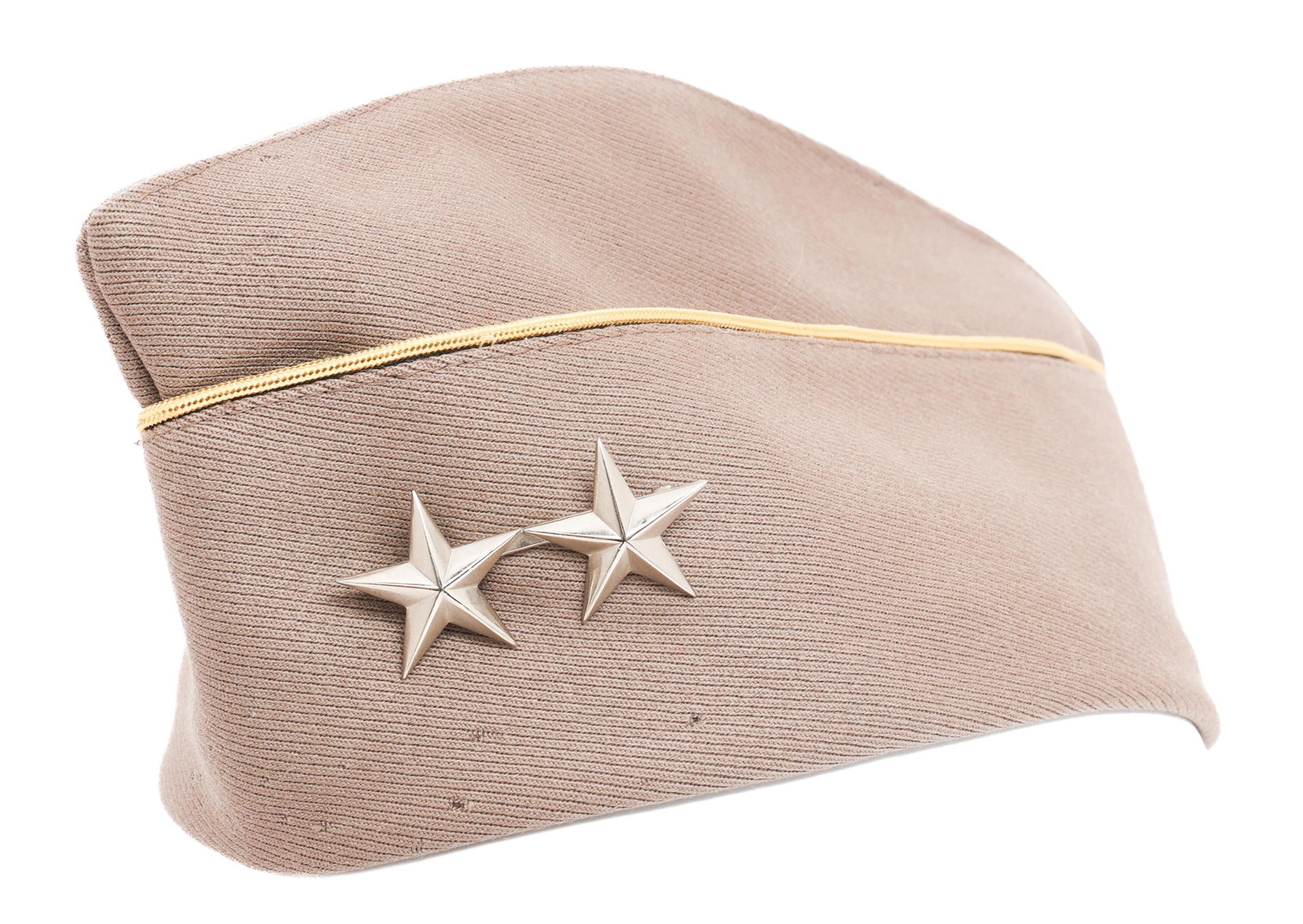 WWII US ARMY MAJOR GENERAL OVERSEAS CAP: WWII US ARMY MAJOR GENERAL OVERSEAS CAP WWII US Army Major General Overseas Cap. Pink wool gabardine with gold thread piping. Pinback, unmarked Major General two stars insignia. Silk linen, brown leat