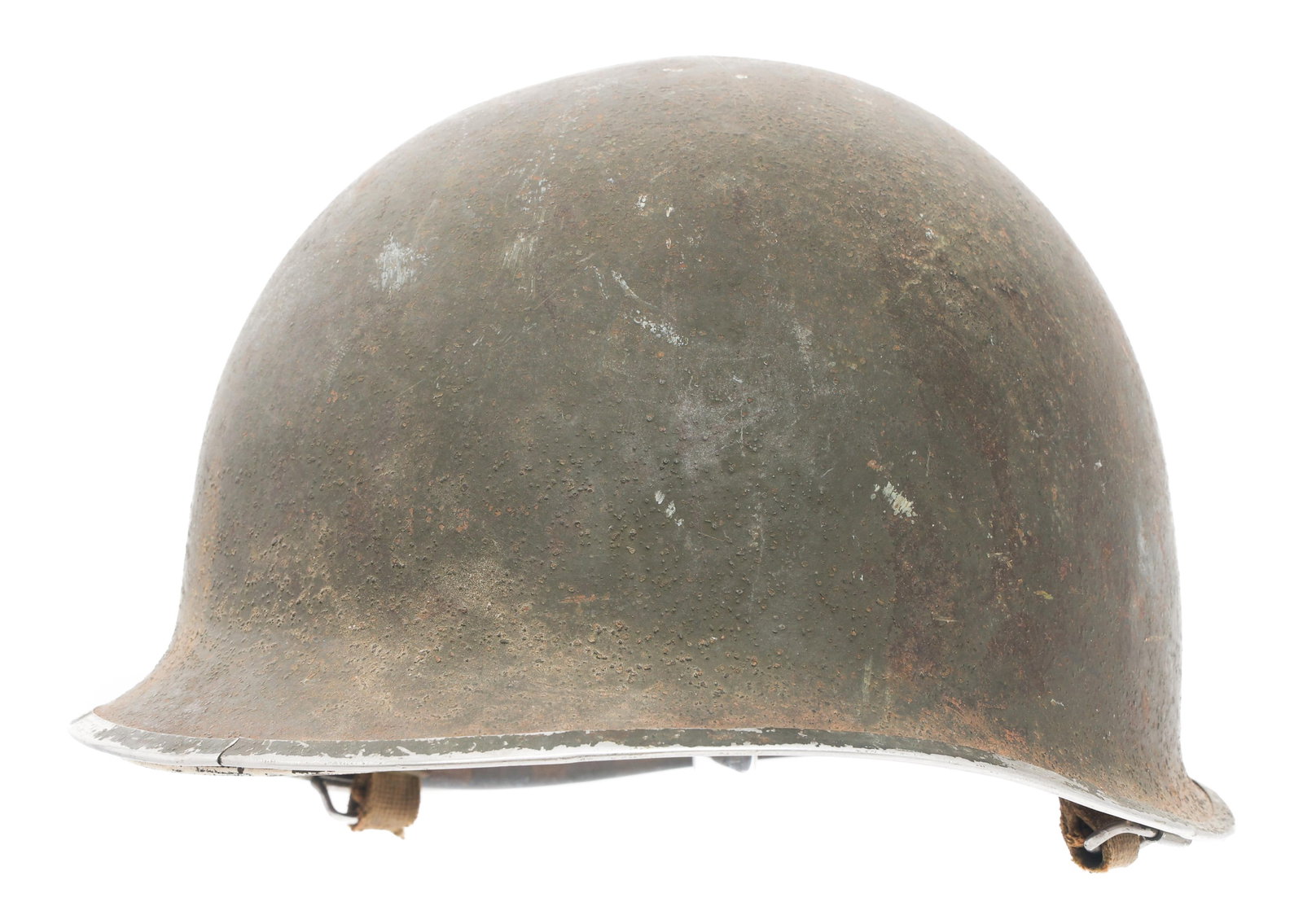 WWII US M1 HELMET & CIVIL DEFENSE POLICE LINER: WWII US M1 HELMET & CIVIL DEFENSE POLICE LINER WWII US Named M1 Helmet and Civil Defense Police Liner. Front seam, swivel bale with OD3 chinstrap. 9A stamped inside, named to J. C. Dunn. Firestone lin