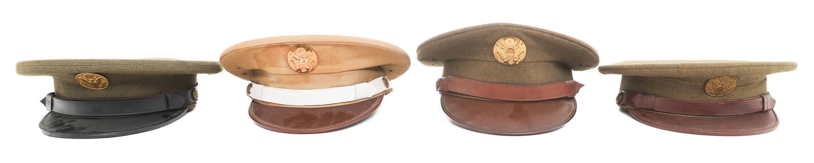 WWII US ARMY ENLISTED & NCO VISOR CAPS: WWII US ARMY ENLISTED & NCO VISOR CAPS WWII US Army Enlisted and NCO Visor Caps. (1) Summer Khaki. White leather chinstrap. Leather visor and sweatband. (3) OD Service. Leather visor, chinstrap and sw