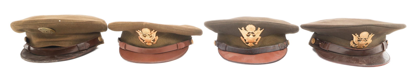 WWII US ARMY OFFICER & ENLISTED VISOR CAPS: WWII US ARMY OFFICER & ENLISTED VISOR CAPS WWII US Army Officer and Enlisted Visor Caps. (3) Officer Visor Cap. Two maker marked by Rodes Rapier Company and Dobbs. (1) Enlisted Visor Cap. No visible m