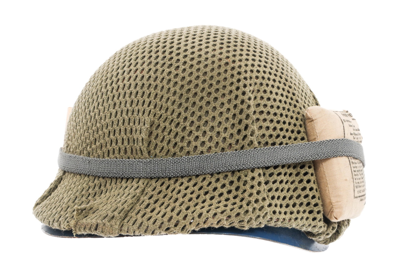 FRENCH INDOCHINA WAR US M1 COMBAT HELMET: FRENCH INDOCHINA WAR US M1 COMBAT HELMET French Indochina War US M1 Combat Helmet. Front seam, fixed bale with French camouflage netting and elastic band. 362C heat stamped on the interior. Firestone 