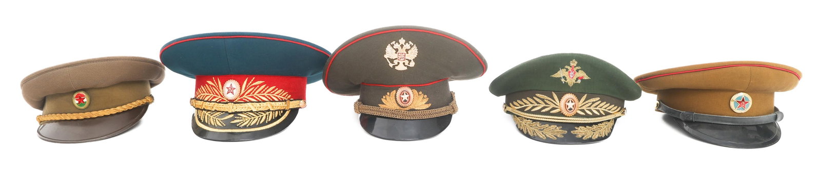 COLD WAR - CURRENT SOVIET & CHINESE VISOR CAPS: COLD WAR - CURRENT SOVIET & CHINESE VISOR CAPS Cold War to Current Eastern Bloc, Russian Federation and Chinese Communist Party Visor Caps. (1) Hungarian Army Officers Cap. Khaki cotton with Hungarian