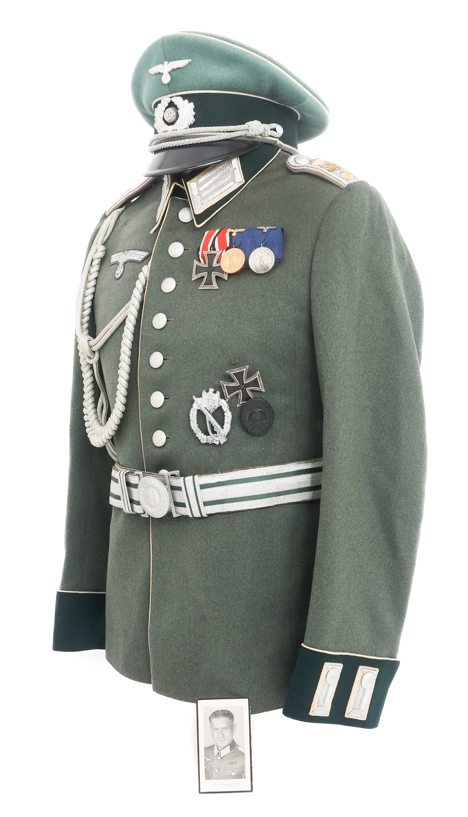 WWII GERMAN ARMY 99th INFANTRY CAPTAIN UNIFORM: WWII GERMAN ARMY 99th INFANTRY CAPTAIN UNIFORM WWII German Army 99th Infantry Division Captain Uniform. (1) WWII German Army M35 Waffenrock Dress Tunic. Fine wool. Infantry Officer cuff and collar tab