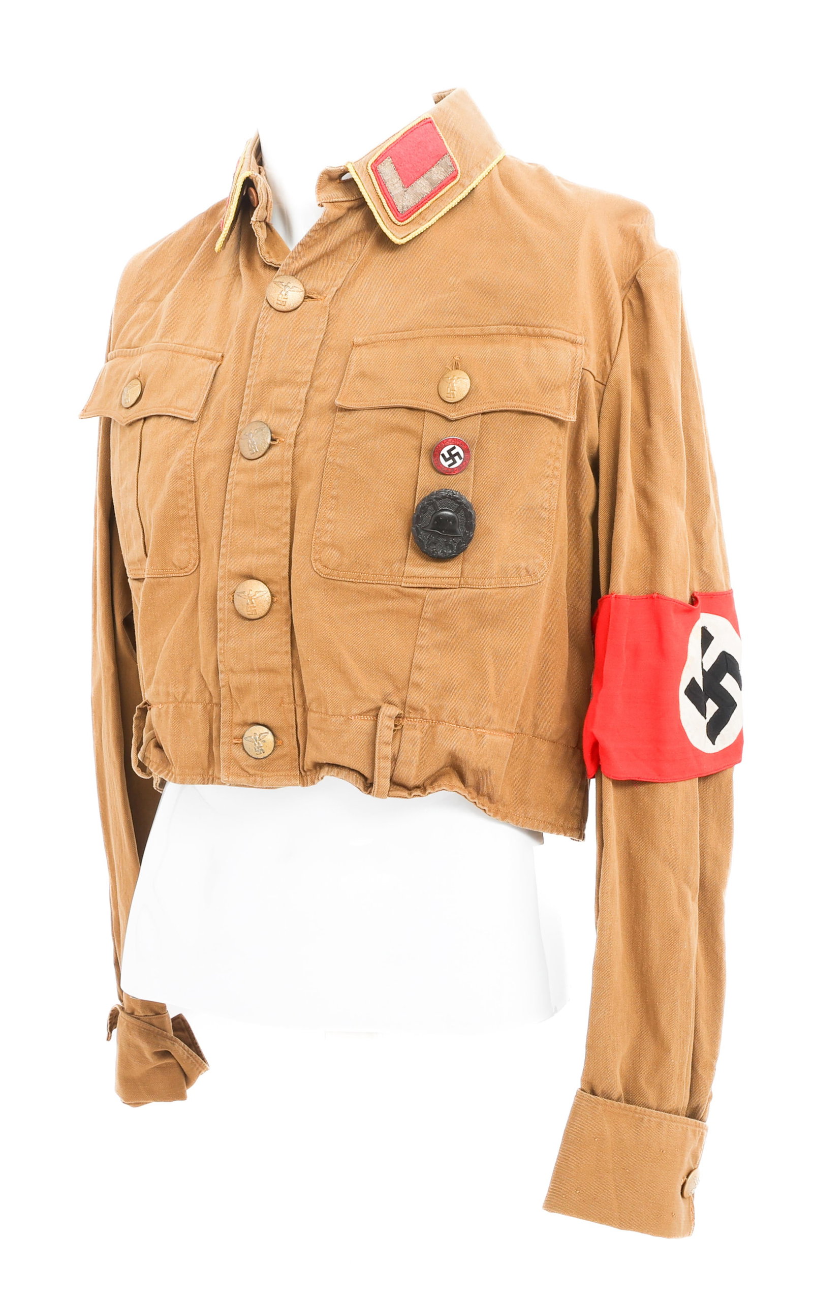 WWII GERMAN NSDAP STELLENLIETER BROWN SHIRT: WWII GERMAN NSDAP STELLENLIETER BROWN SHIRT WWII German NSDAP Stellenlieter's Brown Shirt. Cotton with gilded steel buttons. Tag illegible. NSDAP armband, Stellenlieter's collar tabs, NSDAP member pin