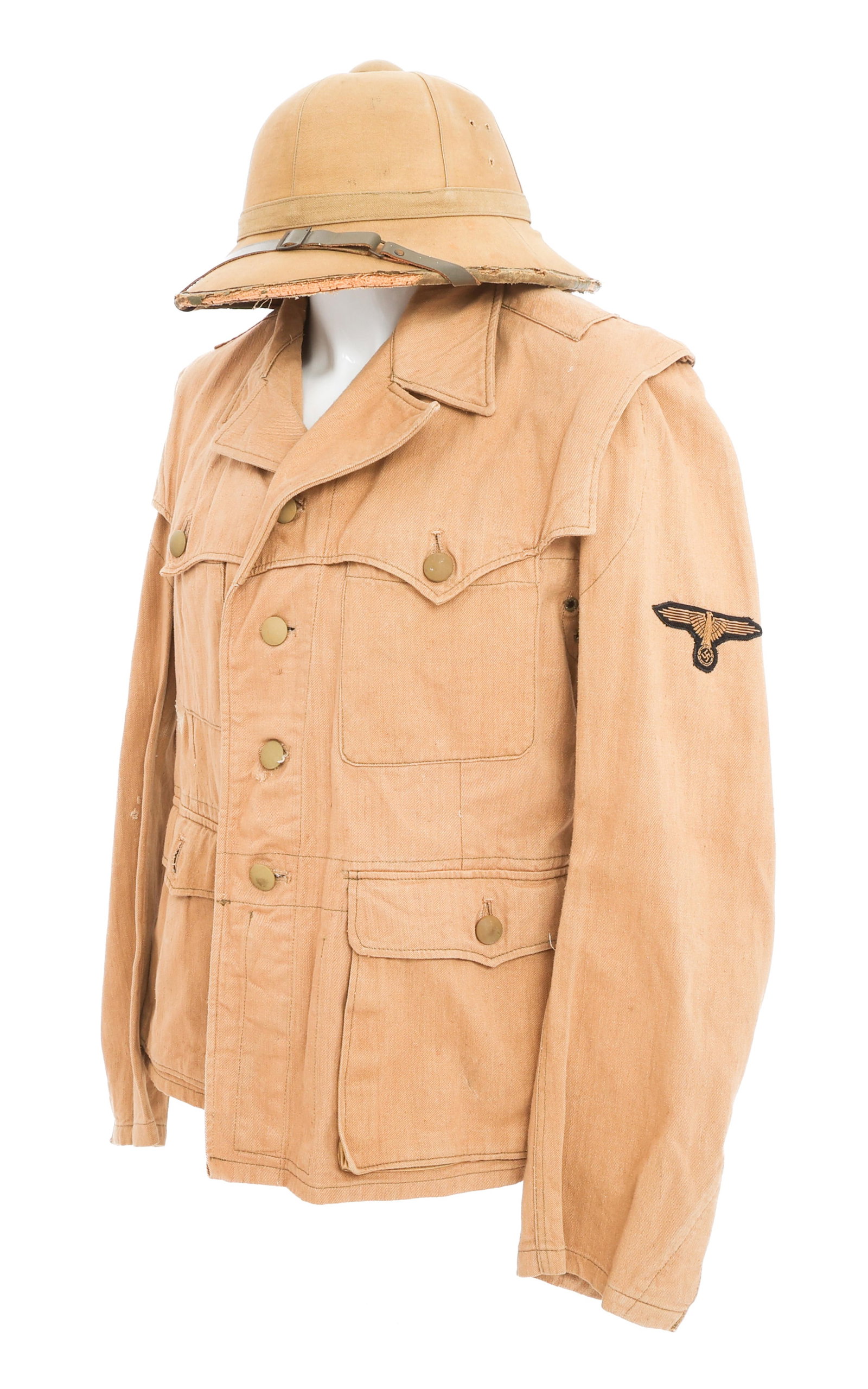 WWII GERMAN SS SAHARIANA TROPICAL TUNIC & HELMET: WWII GERMAN SS SAHARIANA TROPICAL TUNIC & HELMET WWII German Waffen SS Sahariana Tropical Tunic and 1st Pattern Pith Helmet. (1) 1st Pattern Pith Helmet. Khaki cotton covered cork. Missing the shields