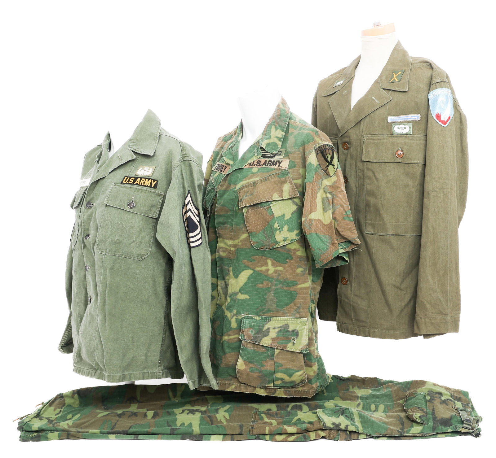 VIETNAM WAR US ARMY EARLY SERVICE SHIRT & ERDL SET: VIETNAM WAR US ARMY EARLY SERVICE SHIRT & ERDL SET Vietnam War US Army Early Service Shirts & ERDL Camouflage Set. (1) First pattern utility shirt with 13 stars metal buttons. Master Sergeant rank, US