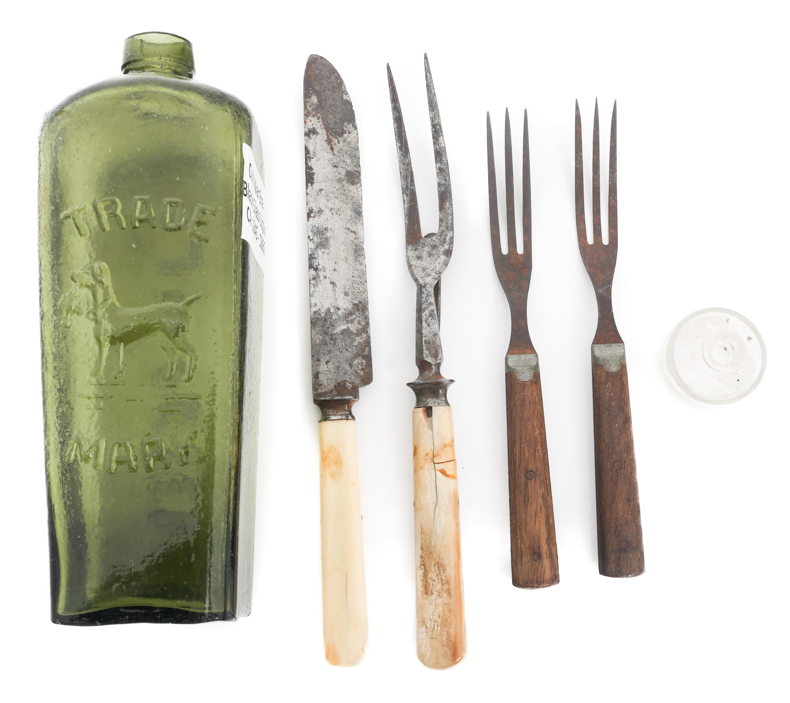 CIVIL WAR ERA LIQUOR & INK BOTTLES, FORKS & KNIFE (1 of 7)