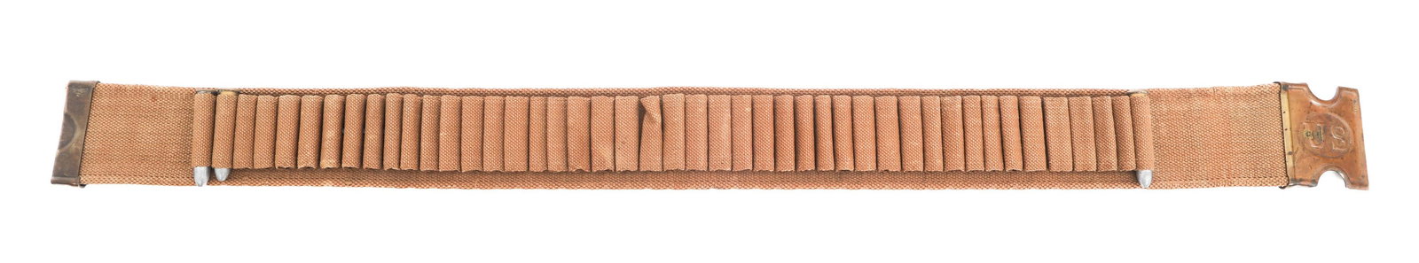 EARLY INDIAN WARS US ARMY M1880 CARTRIDGE BELT: EARLY INDIAN WARS US ARMY M1880 CARTRIDGE BELT Early Indian Wars US Army M1880 Cartridge Belt. Canvas construction with "B 4 23" stamped on the inside. M1887 brass buckle. Includes three inert 45-70 c