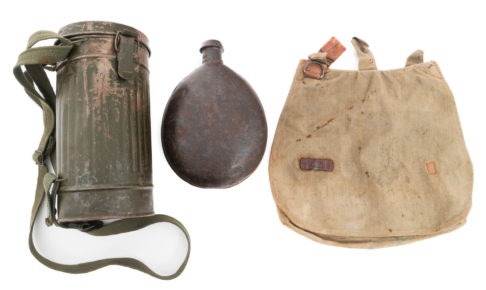 WWI GERMAN GAS MASK CAN, CANTEEN, & HAVERSACK: WWI GERMAN GAS MASK CAN, CANTEEN, & HAVERSACK WWI German Gas Mask Can, Canteen, and Haversack Field Gear. (1) WWI German Haversack. Unit marked inside flap, B.A.X. 1913, I.R. 74. Canvas and leather. (