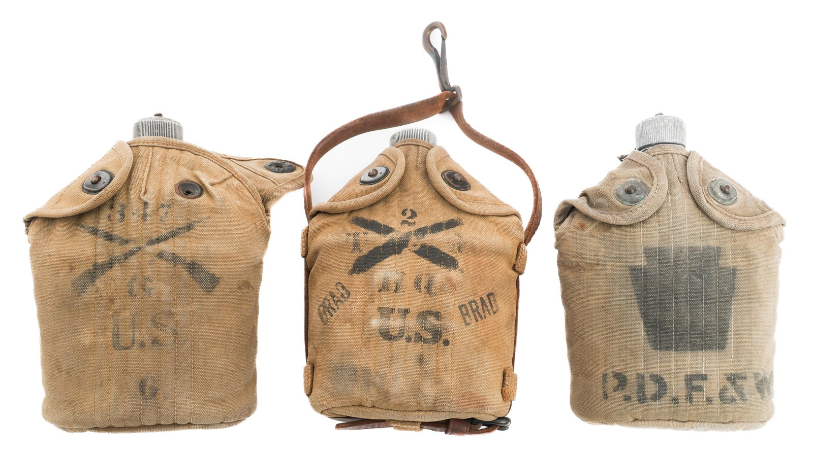 WWI US AEF NAMED CANTEENS, CANTEEN CUPS & COVERS: WWI US AEF NAMED CANTEENS, CANTEEN CUPS & COVERS WWI U.S. American Expeditionary Force Named Canteens. (3) Covers. Canvas and wool. One cover is attributed to the 347th Infantry, G Company 6th Squad, 