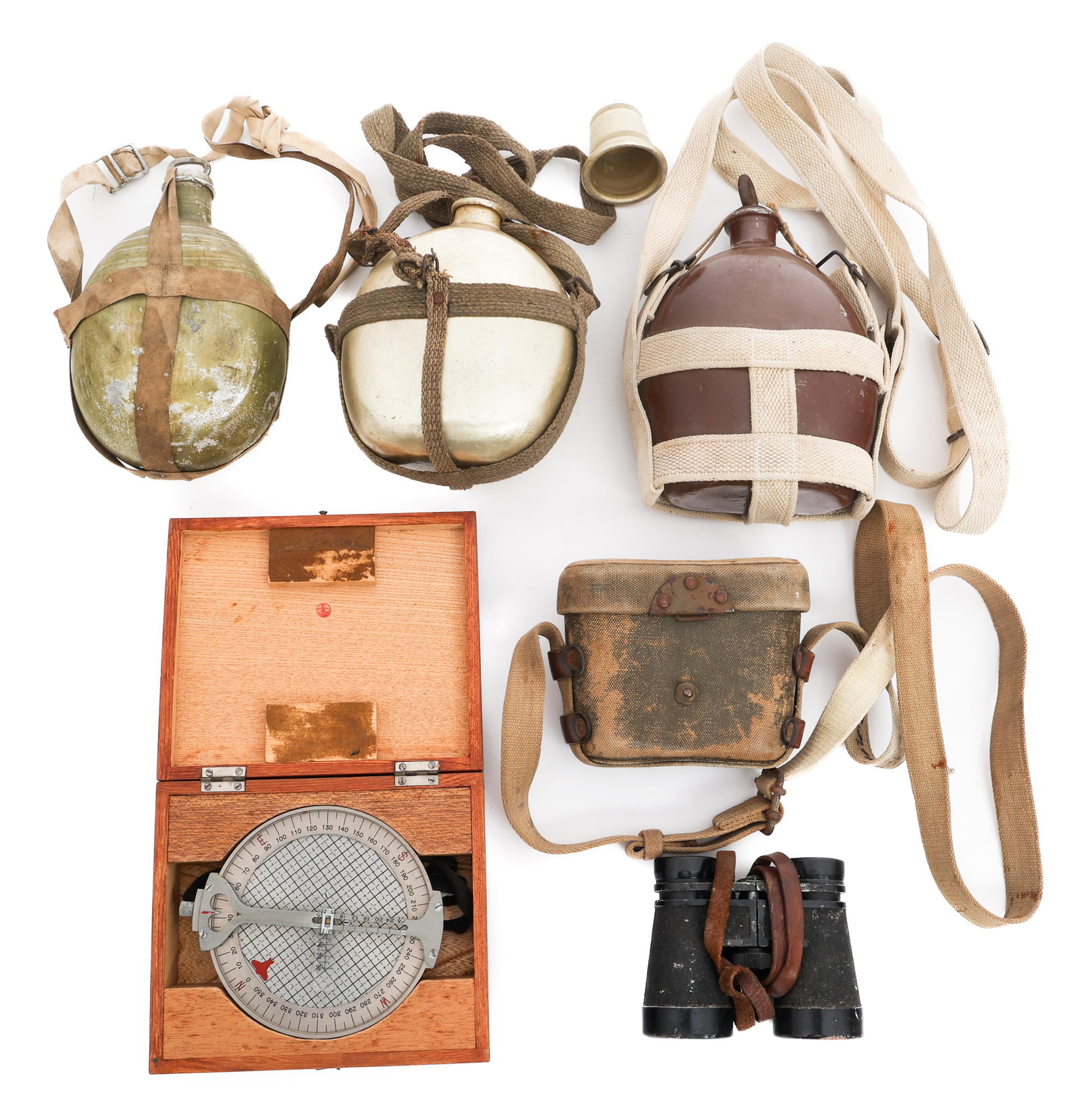 WWII JAPANESE ARMY CANTEENS & NAVAL FLIGHT TOOL: WWII JAPANESE ARMY CANTEENS & NAVAL FLIGHT TOOL WWII Imperial Japanese IJA and IJN Canteens and Naval Flight Tool. (3) Canteens with canvas and cloth hangers. Various maker marks. (1) Imperial Japanes