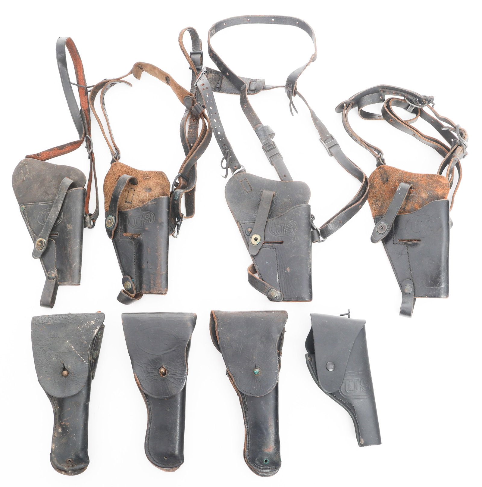 WWII - 1980s US ARMED FORCES LEATHER HOLSTERS: WWII - 1980s US ARMED FORCES LEATHER HOLSTERS WWII to 1980s U.S. Armed Forces Leather Holsters. Includes (3) M1916 Holsters. Maker marked by Boyt, Cathey Enterprises, and Buckeimer. Boyt holster