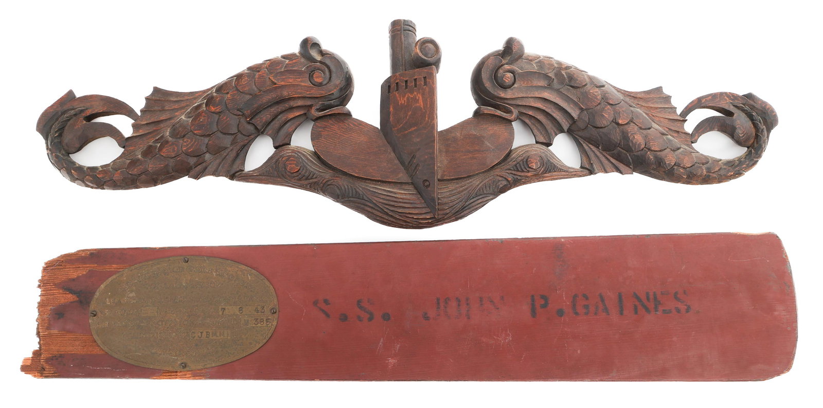 WWII US LIBERTY SHIP PARTIAL OAR & DATA PLATE: WWII US LIBERTY SHIP PARTIAL OAR & DATA PLATE WWII US Liberty Ship Partial Oar & Data Plate. (1) Bronze data plate for USS John P Gaines. Partial oar marked SS John P Gaines. (1) USN Submarine Warfare