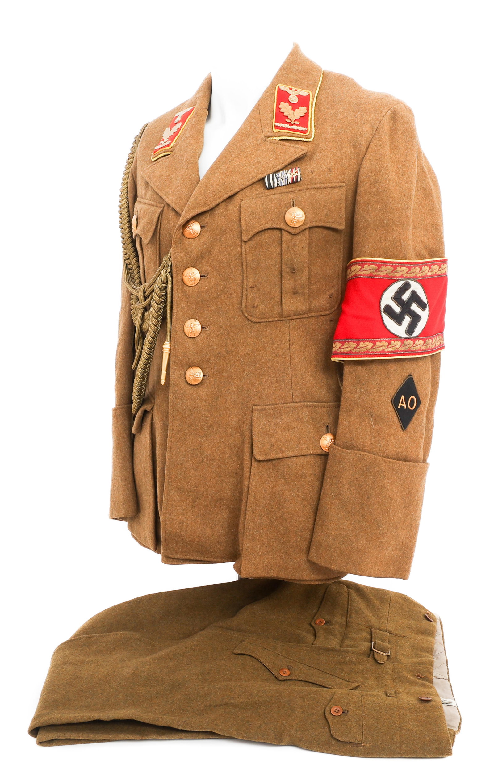 WWII GERMAN NSDAP REICHSLEITUNG LEVEL UNIFORM: WWII GERMAN NSDAP REICHSLEITUNG LEVEL UNIFORM Refurbished WWII German NSDAP Reichsleitung Level Uniform. (1) Original 4 pockets tunic. Khaki wool construction. Gilded brass buttons with embossed Germa