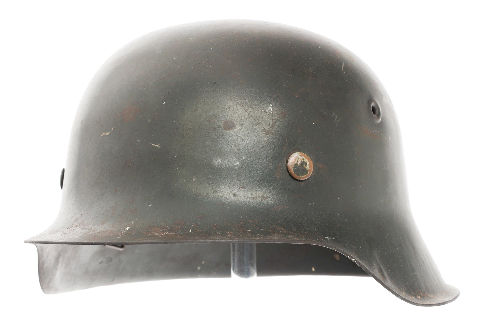 WWII GERMAN REFURBISHED M42 COMBAT HELMET: WWII GERMAN REFURBISHED M42 COMBAT HELMET WWII German Refurbished M42 Combat Helmet. Post war applied SS decal. No visible marks. Replacement liner. Chinstrap is missing.