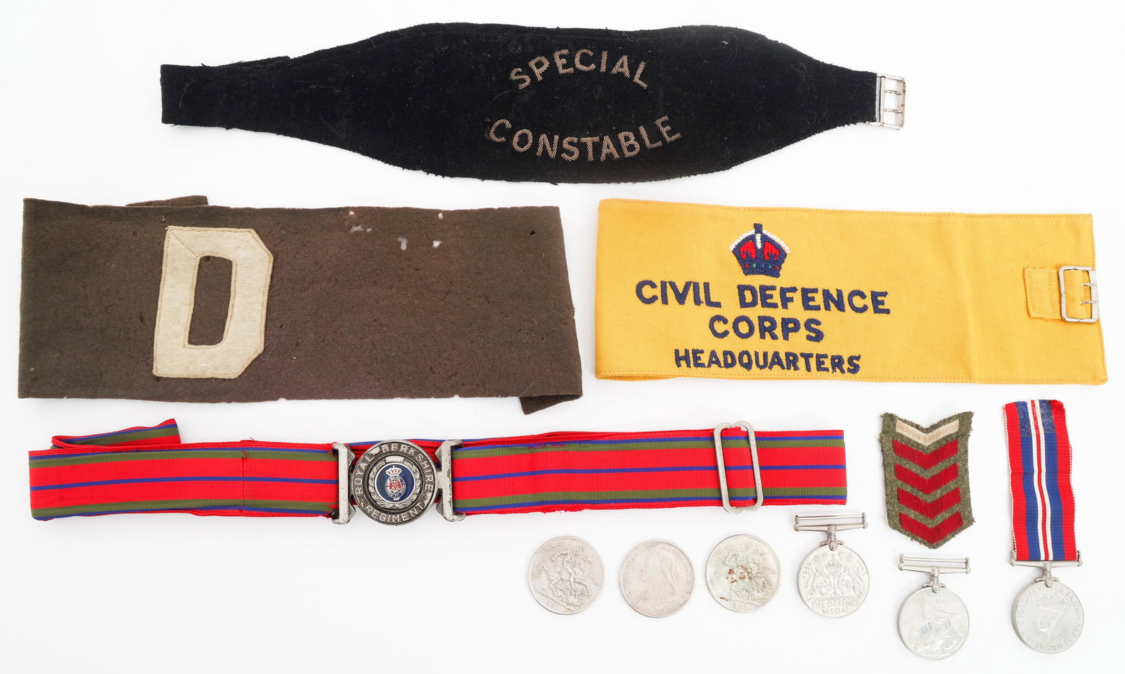 WWII BRITISH ARMBANDS, BELT, COINS & MEDAL (1 of 18)