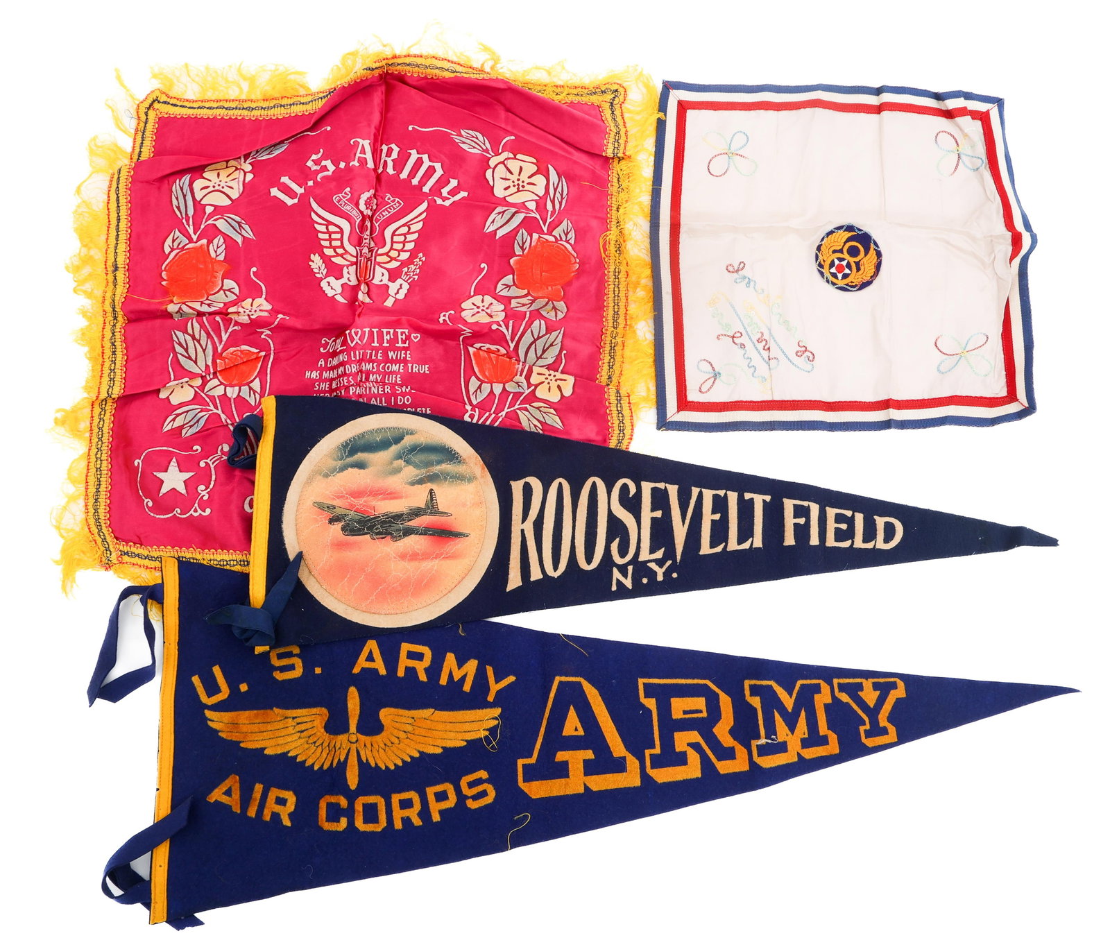 WWII US ARMY & AIR CORPS PENNANT & PILLOW SHAMS: WWII US ARMY & AIR CORPS PENNANT & PILLOW SHAMS WWII US Army and Air Corps Pennant and Pillow Shams. (1) US Army Air Corps Pennant. (1) Roosevelt Field Pennant. (1) 8th Air Force Pillow Sham. (1) Camp
