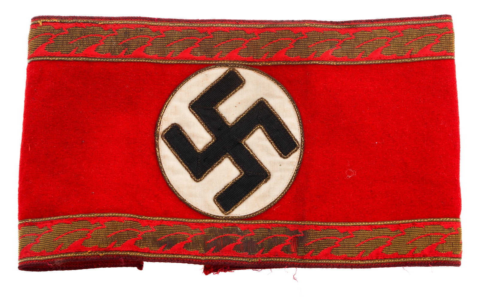 WWII GERMAN NSDAP LEITER EINES HAUPTAMTES ARMBAND: WWII GERMAN NSDAP LEITER EINES HAUPTAMTES ARMBAND WWII German NSDAP Gau-Level Leiter Eines Hauptamtes Armband. Deep red wool / felt with red / burgundy piping. Central white rayon disc overlaid by a m