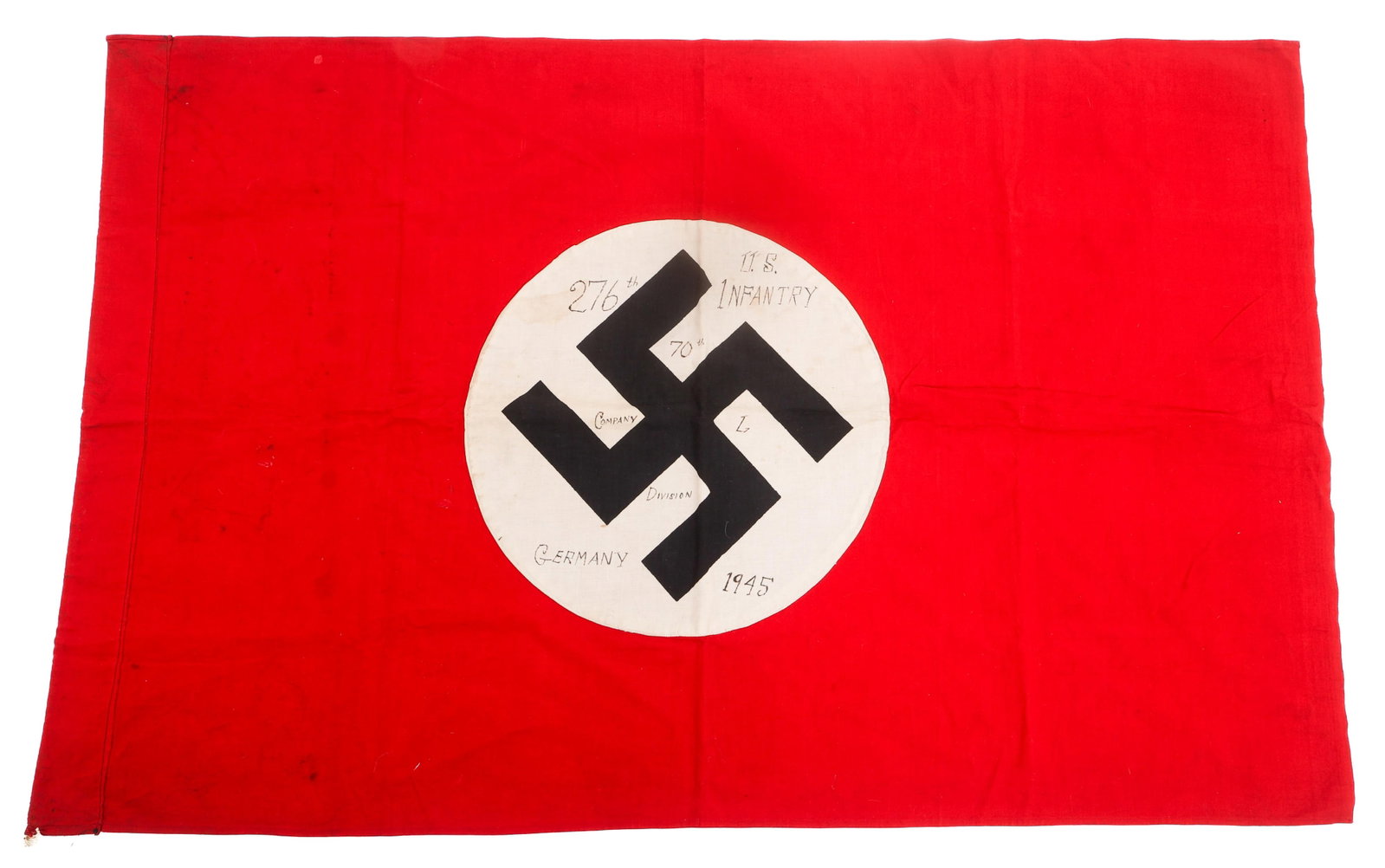 WWII US 70th INFANTRY CAPTURED GERMAN NDASP FLAG: WWII US 70th INFANTRY CAPTURED GERMAN NDASP FLAG WWII U.S. 70th Infantry Division, 276th Infantry Regiment, Company L "Trailblazers" Captured German NDASP Flag. Captured in 1945 with details written i