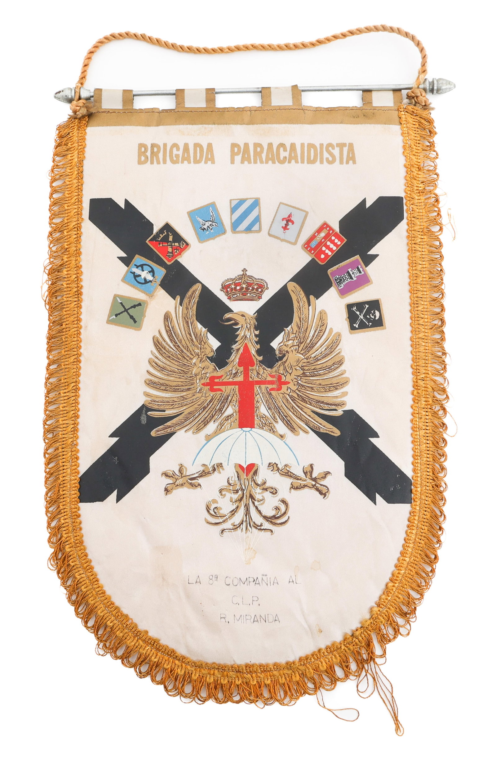SPANISH ARMY BRIGADE PARACAIDISTA 8th Co BANNER: SPANISH ARMY BRIGADE PARACAIDISTA 8th Co BANNER Spanish Army Brigade Paracaidista 8th Compania Banner. Single sided, silk construction with printed emblems and paper backing. Various signatures presen