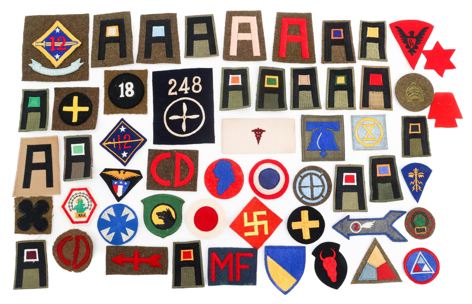 20th C. US ARMY INFANTRY & AVIATION PATCHES: 20th C. US ARMY INFANTRY & AVIATION PATCHES WWI - Post-WWII I US Infantry Division Felt Patches. Includes 45th Infantry Division, 1st Army Ordnance, 12th Infantry, 2nd Aero Squadron, 32nd Infantry Div