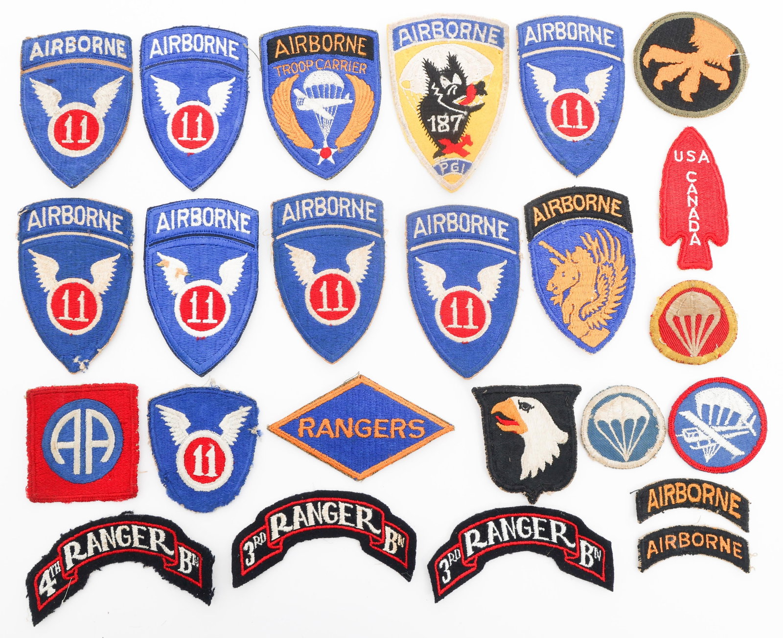 WWII - COLD WAR US ARMY AIRBORNE UNIT PATCHES: WWII - COLD WAR US ARMY AIRBORNE UNIT PATCHES WWII - Cold War US Army Airborne Units Shoulder Patches. Units include the 187th Airborne Infantry Regiment, 101st and 82nd Airborne Infantry Division, 11