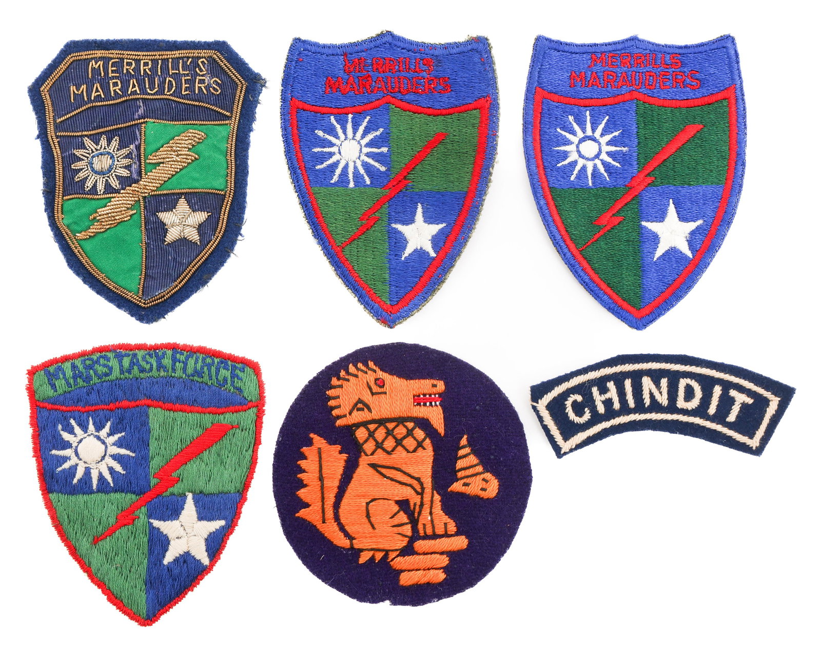 WWII US ARMY MERRILL'S MARAUDERS & CHINDIT PATCHES: WWII US ARMY MERRILL'S MARAUDERS & CHINDIT PATCHES WWII Merrill's Marauders and Chindit Patches. Includes (1) Theater made Merrill's Marauders Patch, heavy bullion on felt. Backing luminesces under UV