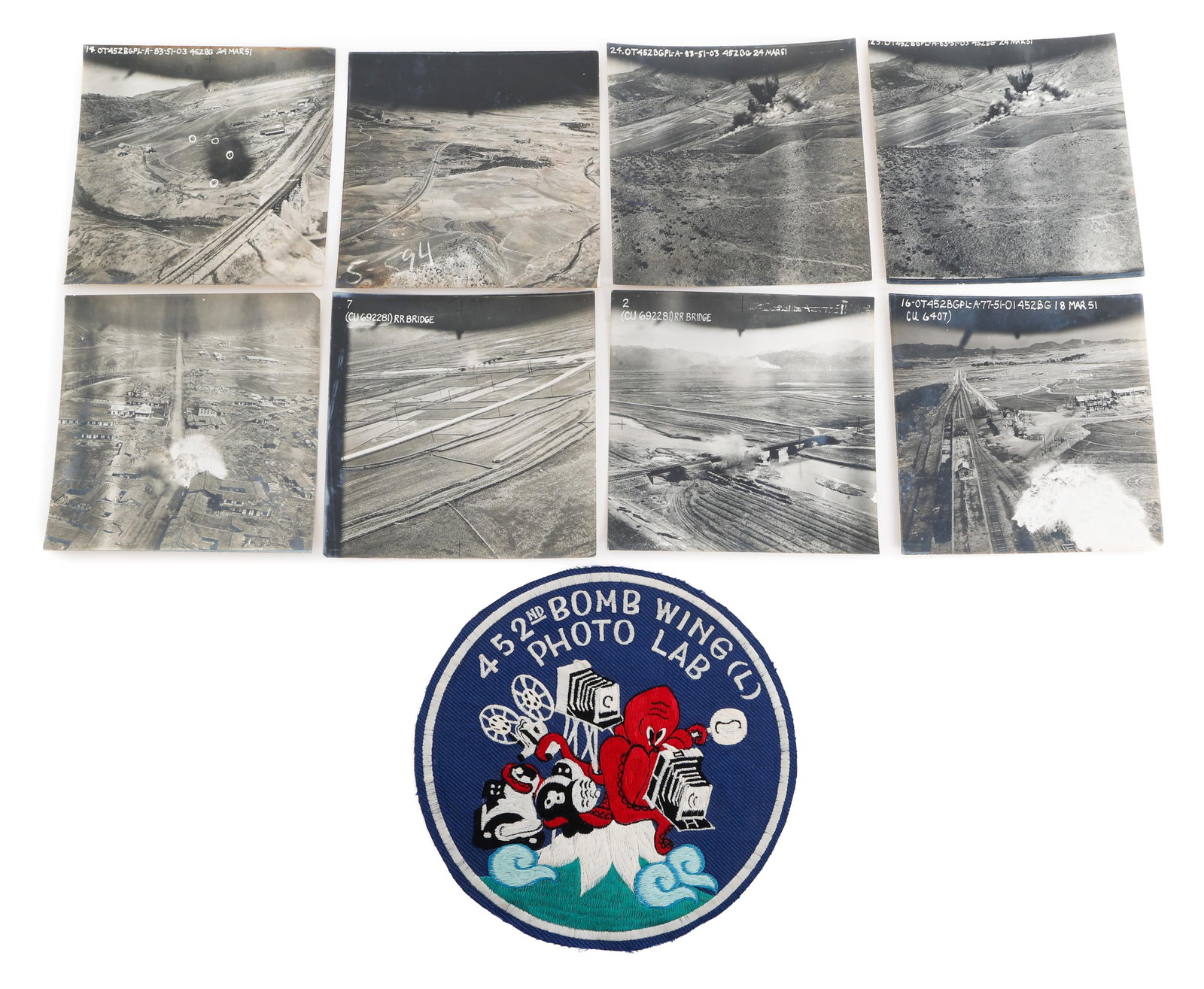 KOREAN WAR 452nd BOMB WING (L) PATCH & PHOTOS: KOREAN WAR 452nd BOMB WING (L) PATCH & PHOTOS Korean War 452nd Bomb Wing (L) Photo Lab Patch and Pictures. (1) Patch. Japanese Made, Machine Embroidered. Measures 6 1/2" in diameter. (8) Photos of