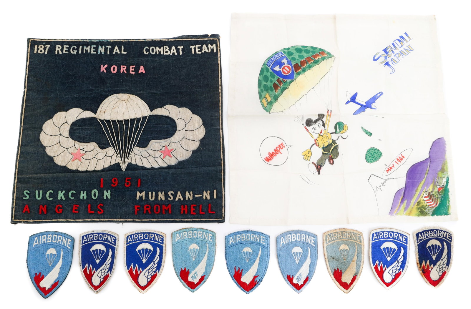KOREAN WAR US AIRBORNE TAPESTRIES & RCT PATCHES: KOREAN WAR US AIRBORNE TAPESTRIES & RCT PATCHES Korean War US Airborne Tapestries & 187th RCT Patches. (1) 11th Airborne Sendai, Japan Occupation Tapestry. Silk with printed emblems. Size: 14" x 14".