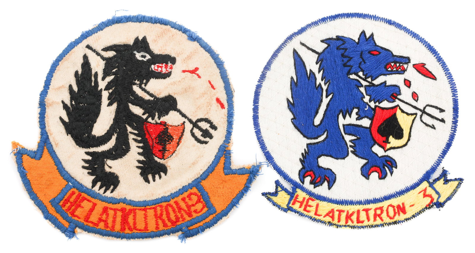 VIETNAM WAR US NAVY HAL-3 SQUADRON PATCHES: VIETNAM WAR US NAVY HAL-3 SQUADRON PATCHES Vietnam War U.S. Navy Hal-3 Squadron Patches. Black and blue wolf variations. Size: 4" Provenance: Lifetime Military Memorabilia & Arms Collection of Peter