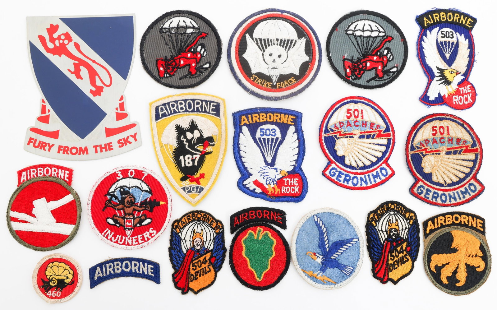 COLD WAR US ARMY AIRBORNE UNIT PATCHES: COLD WAR US ARMY AIRBORNE UNIT PATCHES Cold War War Airborne Unit Patches. (1) 508th metal decorative decal, dated September 1951. (17) Patches. Includes patches from the 503rd, 187th, 501st, and