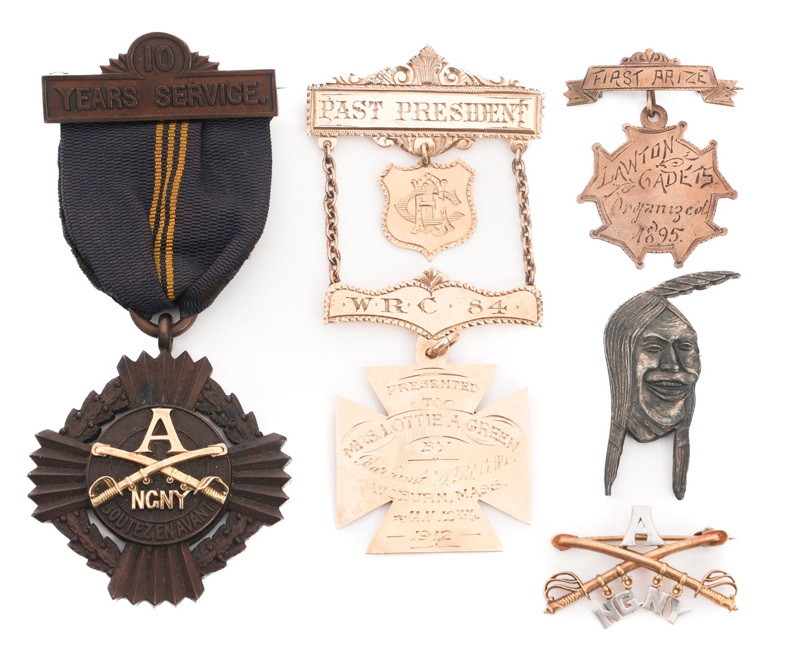 14K GOLD INDIAN WARS - WWI WRC & NYNG MEDALS: 14K GOLD INDIAN WARS - WWI WRC & NYNG MEDALS 14k Gold Indian Wars - WWI WRC and NYNG Service Medals. (1) 14k gold Women's Relief Corps Past President 1883 Cross. "Presented to Mrs. Lottie A. Green by 