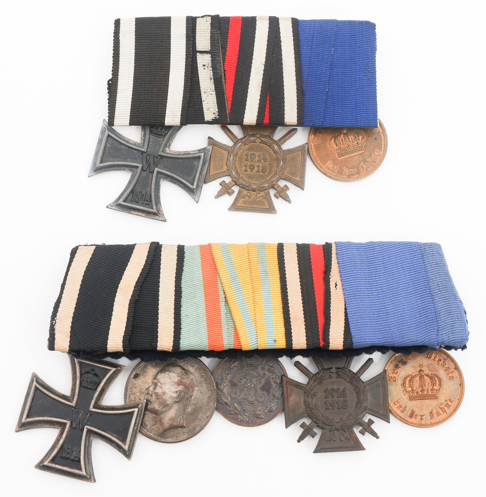WWI IMPERIAL GERMAN COMBATANT MEDAL BARS: WWI IMPERIAL GERMAN COMBATANT MEDAL BARS WWI Imperial German Combatant Medal Bars. (1) Imperial German three medal bar. Iron Cross 2nd Class, 1914 - 1918 Hindenburg and Prussian 12 years Long Service 