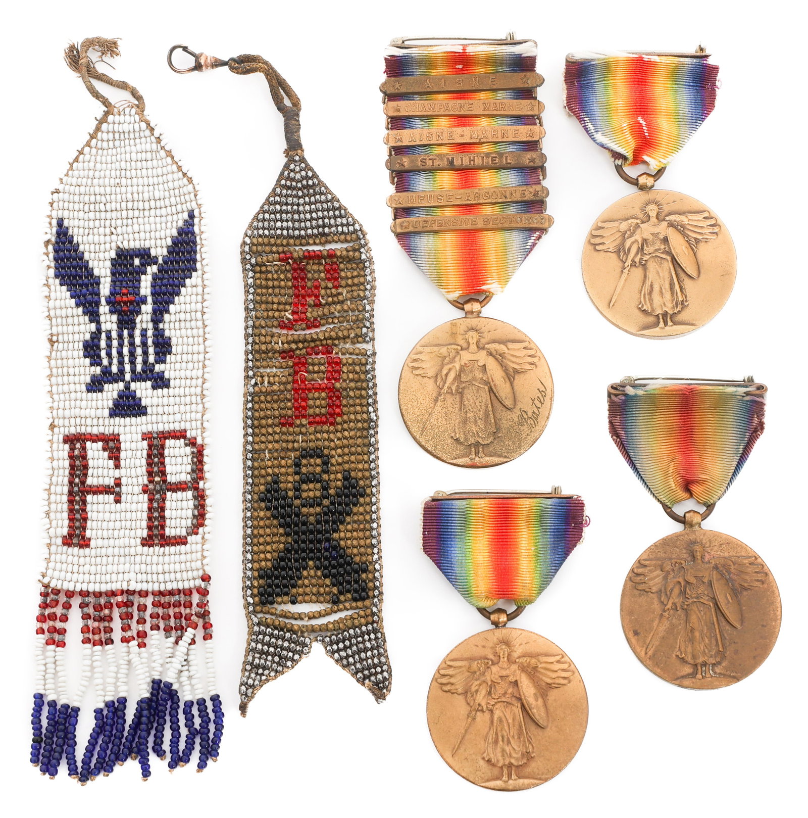WWI USN NAMED VICTORY MEDALS & BEADED FOBS (1 of 14)