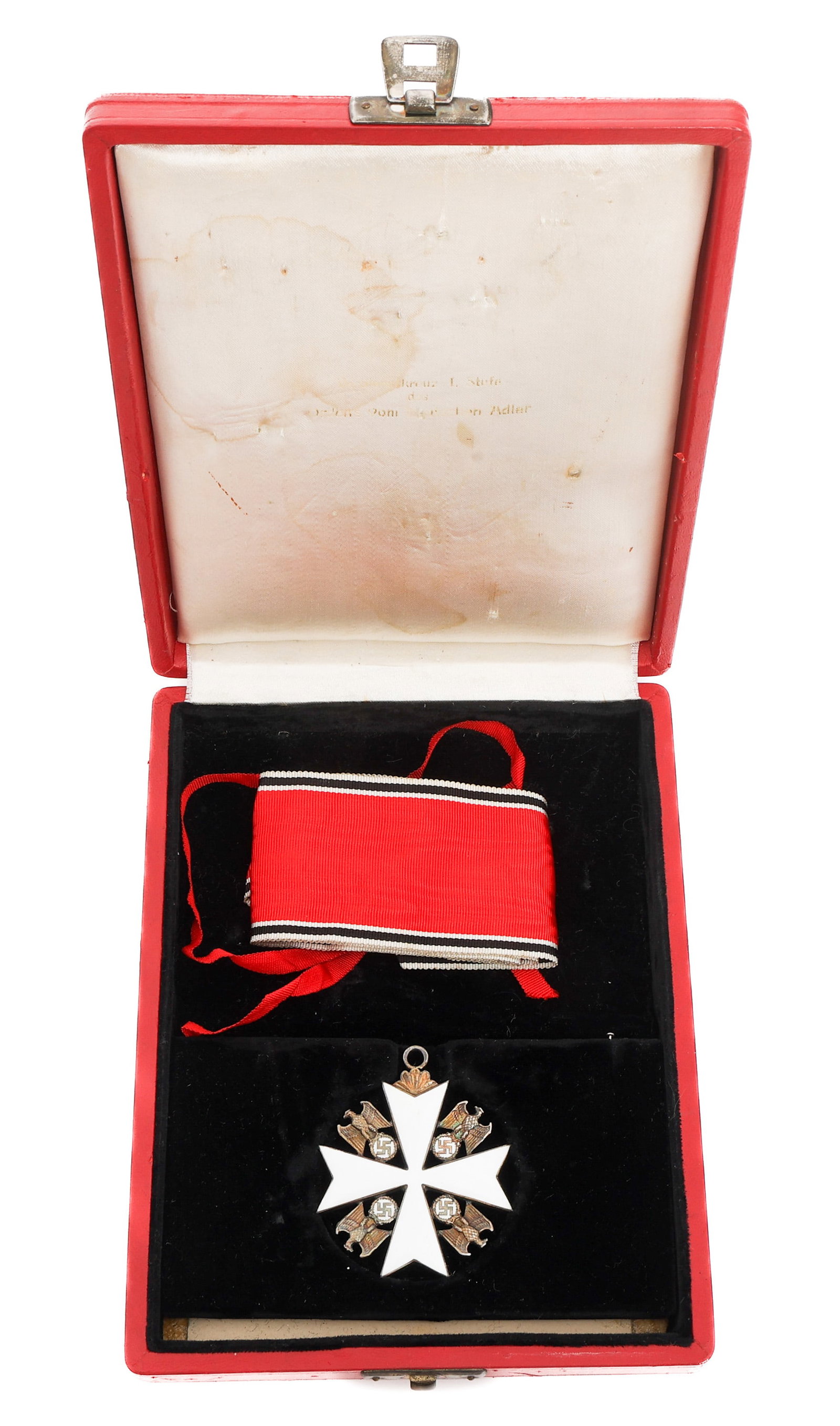 WWII GERMAN ORDER OF THE GERMAN EAGLE 1st CLASS: WWII GERMAN ORDER OF THE GERMAN EAGLE 1st CLASS WWII German Order of Merit of the German Eagle 1st Class. White enameled Maltese cross. Silver German National eagles. Suspension ring stamped 900 and m