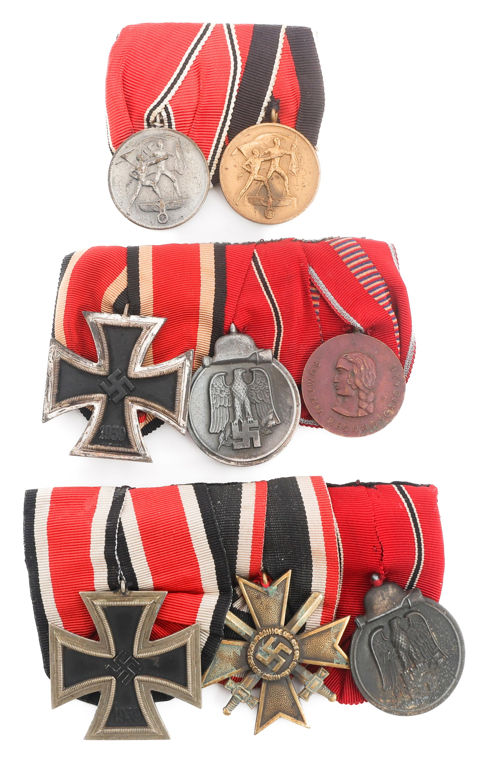 WWII GERMAN HEER MOUNTED IRON CROSS MEDAL BARS: WWII GERMAN HEER MOUNTED IRON CROSS MEDAL BARS WWII German Heer Mounted Medal Bars. (1) Two award mounted bar, Anschluss 13 March 1938 & Anschluss Czech 1st October 1938 medals. (1) Three award mounte