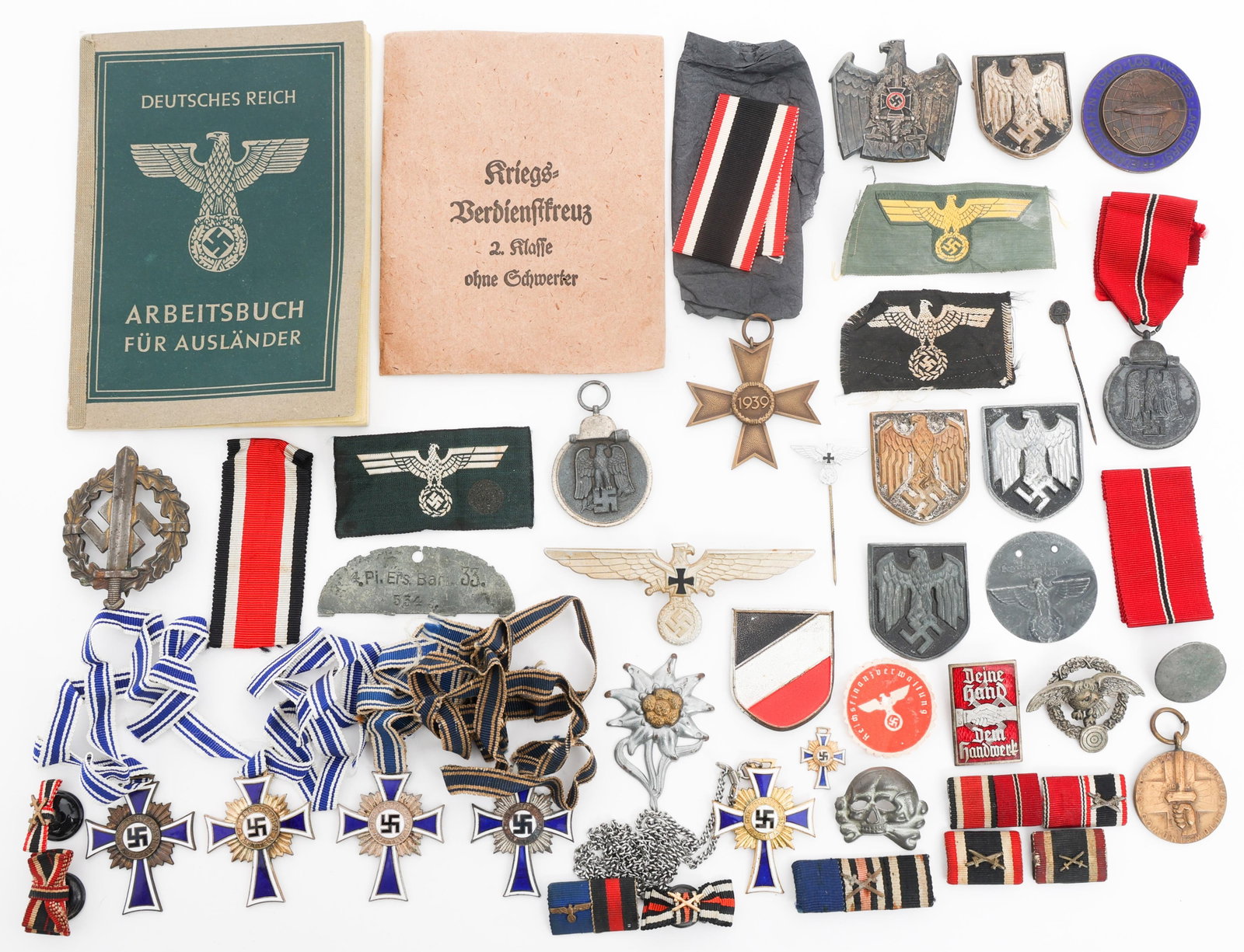 WWII GERMAN MOTHERS CROSS, RIBBONS, MEDALS, TINNIE: WWII GERMAN MOTHERS CROSS, RIBBONS, MEDALS, TINNIE WWII German Medals, Named Work Pass, Badges, Tinnies, and more. (6) WWII German Mothers Crosses. Five with ribbons, one with chains. (1) Named German