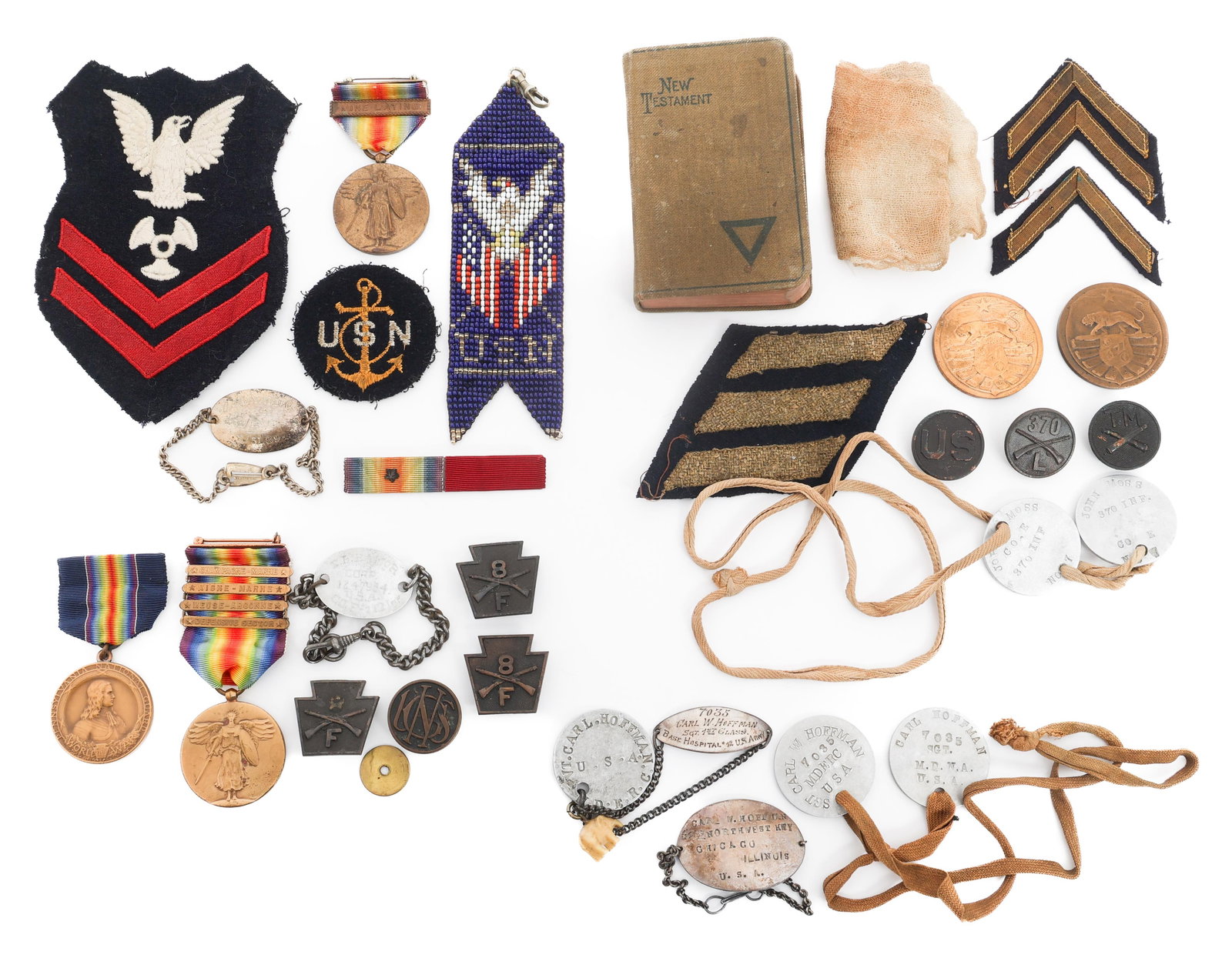 WWI US ARMY & NAVY NAMED MEDAL GROUPINGS: WWI US ARMY & NAVY NAMED MEDAL GROUPINGS Four WWI US Army and Navy Named Medal Groupings. (1) WWI Army Doctor Group. Named to Carl W Hoffman. Includes dog tags and ID bracelets. (1) WWI Infantry Group