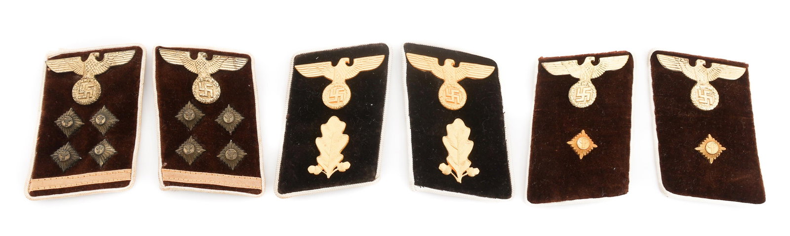WWII GERMAN NSDAP LEADERS COLLAR TABS SETS: WWII GERMAN NSDAP LEADERS COLLAR TABS SETS WWII German NSDAP Leaders Collar Tabs set. (1) NSDAP ArbeitsLeiter, Work Leader Pair with RZM tag. (1) NSDAP KreisLeitung, Section Leader Pair with RZM