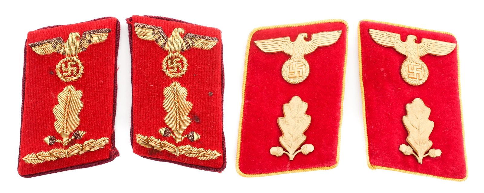 WWII GERMAN NSDAP REICH LEVEL COLLAR TAB SETS: WWII GERMAN NSDAP REICH LEVEL COLLAR TAB SETS WWII German Reich Level NSDAP Collar Tab Sets.(1) AbschnittsLeiter, Section Head Pair with RZM tag. (1) OberabschnittsLeiter, Region Head Pair with RZM Ta