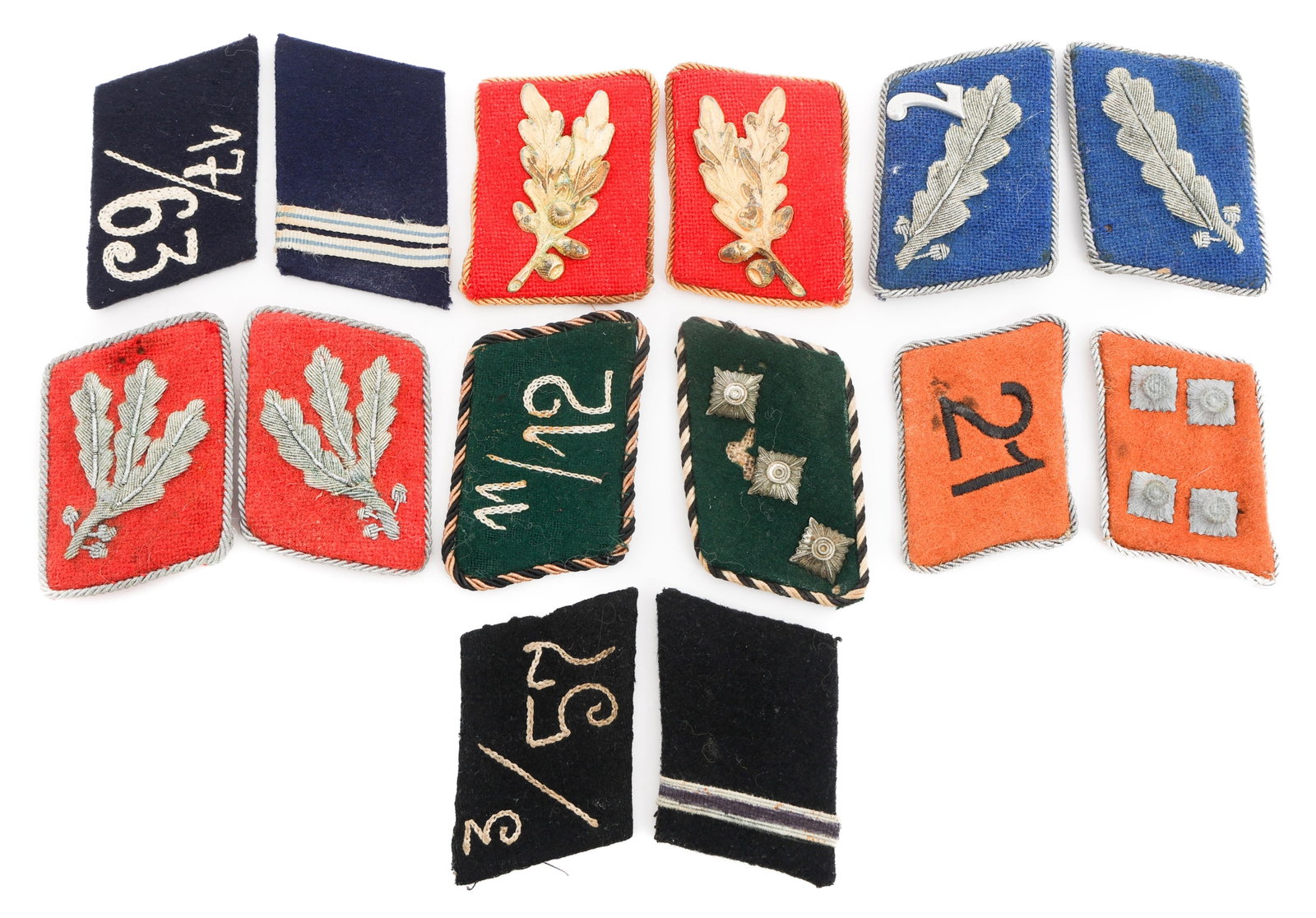 WWII GERMAN SA EM & OFFICER COLLAR TABS: WWII GERMAN SA EM & OFFICER COLLAR TABS WWII German SA Enlisted Man & Officer Collar Tabs. Seven matching pairs. All pairs have one RZM tag. (1) Mitte District Sturmbannfuhrer. (1) Sachsen, Thuringen,